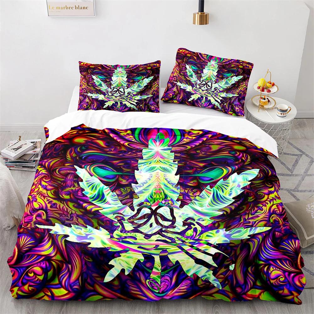 Weed Green Leaf Duvet Cover Watercolor Purple Blue Polyester King Queen Maple Leaf Duvet Cover For Women Men Bedroom Decoration