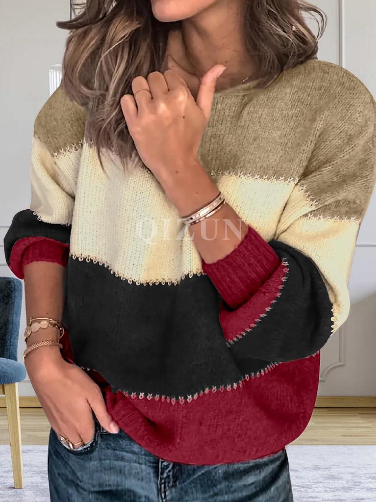 Женский свитер свободной вязки с длинными рукавами, осенне-зимний, с круглым вырезом