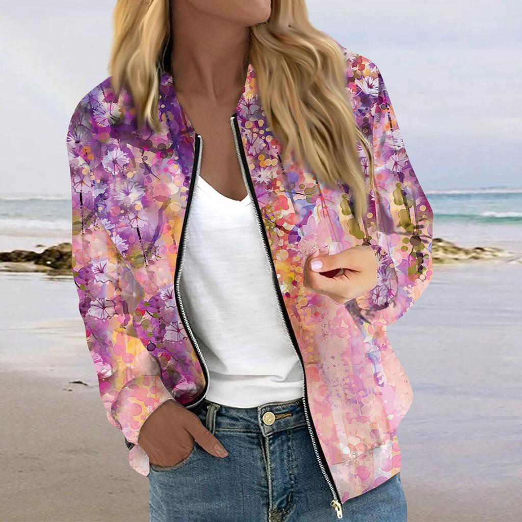 Куртки для женщин, легкие укороченные куртки с длинным рукавом на молнии, модная верхняя одежда с цветочным принтом, повседневные стеганые куртки с карманами