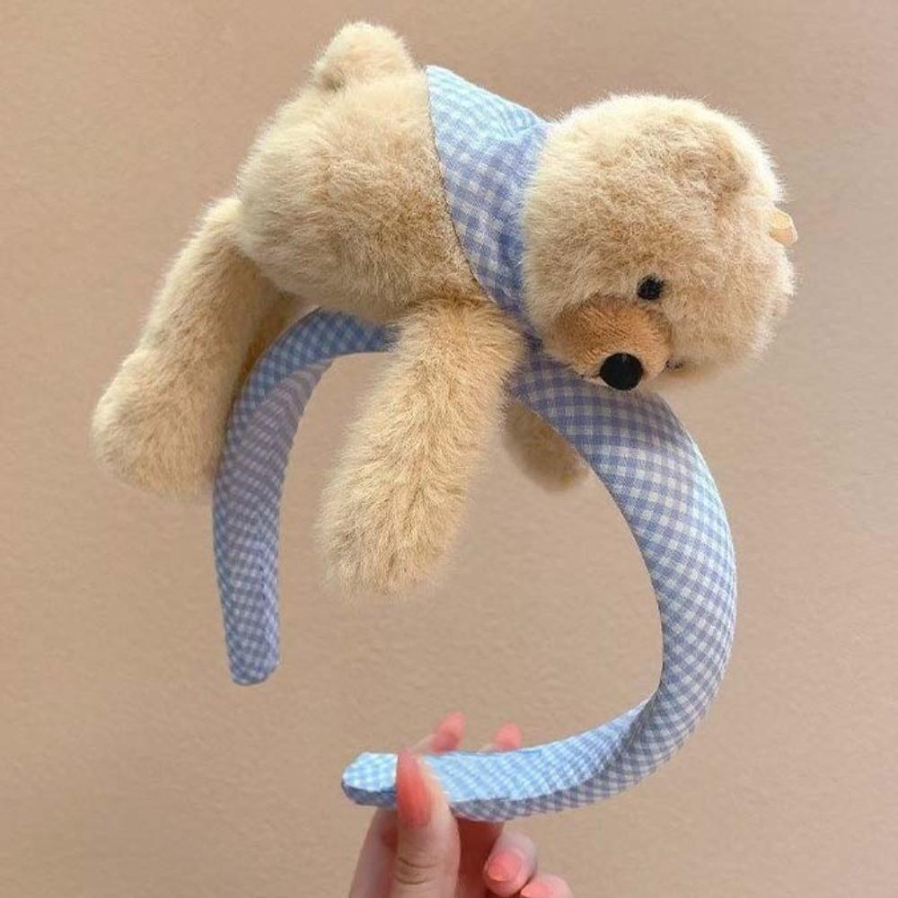 Elastic Plaid Headbands Fluffy Cartoon Bear Headwear Lay Down Bear Hairbands Face Washing