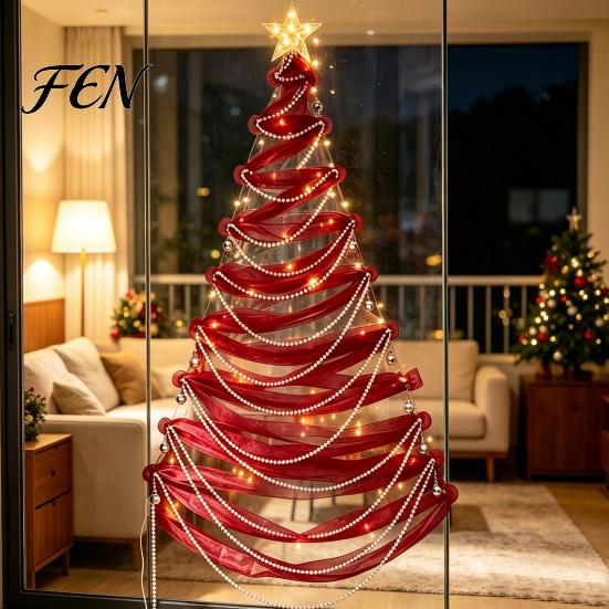 Holiday Wall Backdrop Decoration DIY Lighted Christmas Tree Decor Kit, Hanging Fabric Ornament Set Reusable Crafting Kit for Window Wall, Handmade