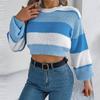 Women's Fashion Casual Loose Colorblock Striped Round Neck Sweater Long Sleeve Pullover Top