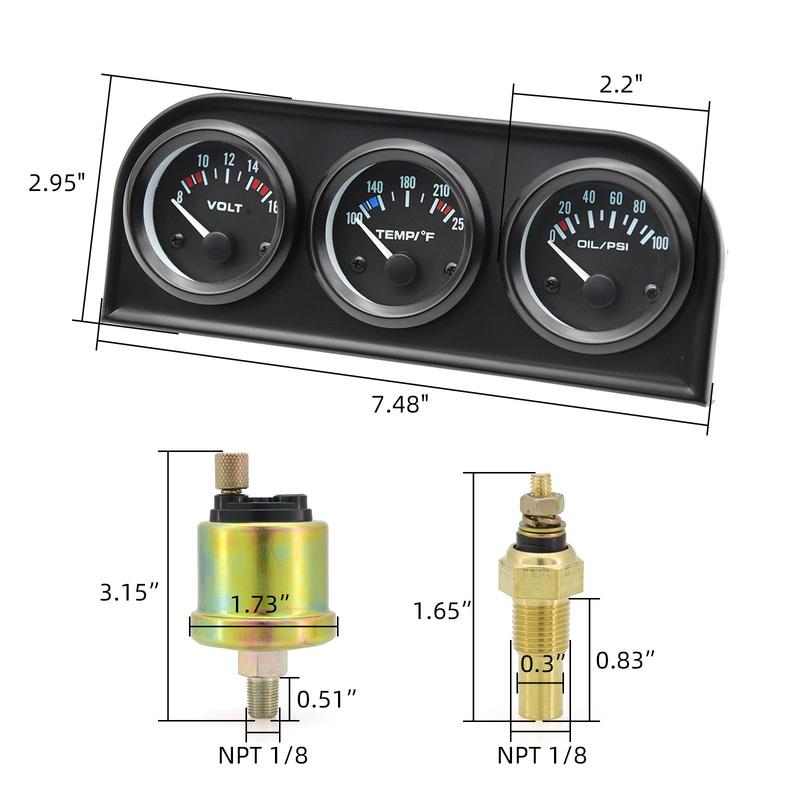 52mm Triple gauge 3 in 1 Volt Meter + 100-250℉ water Temp Gauge+0-100psi Oil Pressure Gauge & Oil Temperature Gauge With Sensor