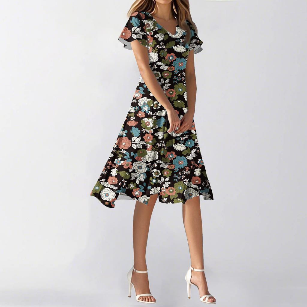 Women's Summer Casual Fashion Flower Print Dress V Neck Short Sleeve Short Skirt