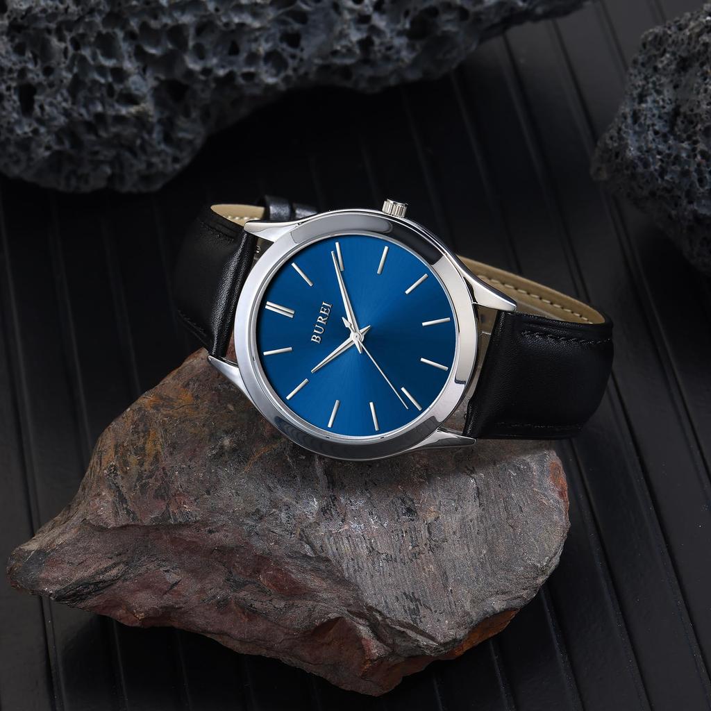 BUREI Analog Quartz Black Leather Popular Slim Simple and Stylish for Business and Casual Wear Men's Watch, Waterproof, Strap, Watch, (Blue, Leather)