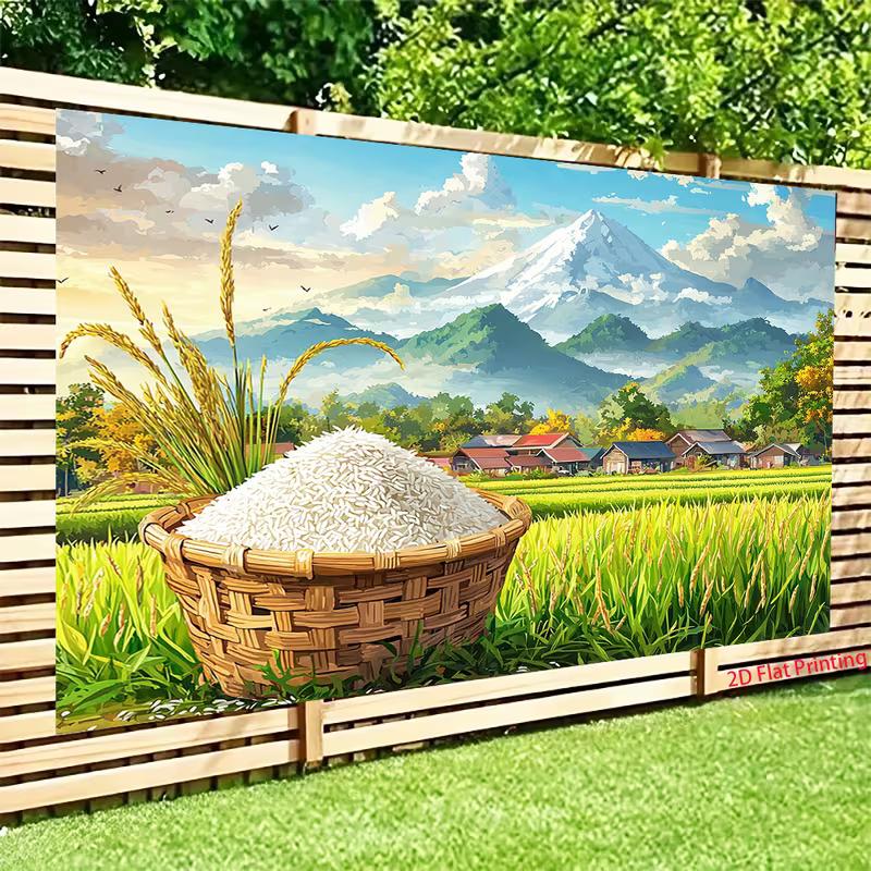2D Countryside Rice Tapestry, Rural Farm Scene with Mount Fuji and Rice
