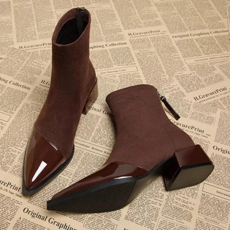 Весна и осень Высококачественные женские сапоги на низком каблуке для вечеринок 2024 года. Продажа новых стильных женских сексуальных однотонных модных сапог с острым носком