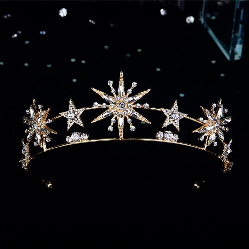 Vintage European 6 -Point Star Wedding Crown Tiaras Gold Color Rhinestone Diadem Princess Women Headband Bridal Hair Accessories