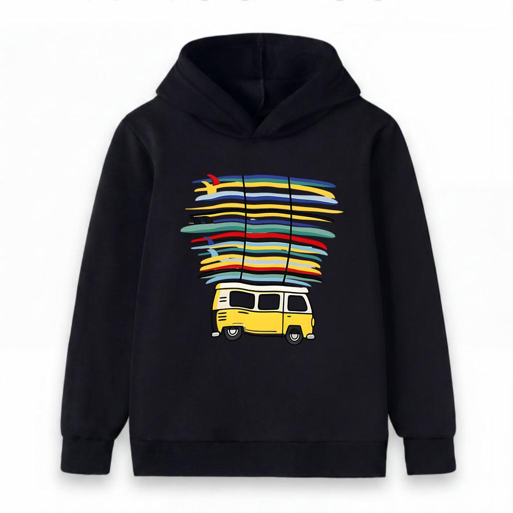 Kids Boys Girls Pullover Hoodie, Retro Van Surfboard Print Casual Long Sleeve Hooded Sweatshirt, Soft Comfortable Tops for Surfing Lovers Daily Outdoo