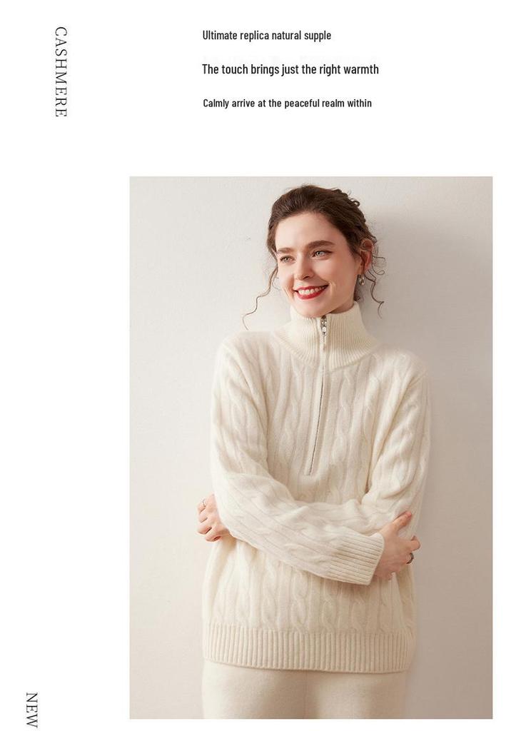 Women's Half-Zip Cashmere Sweater - Autumn/Winter Cable Knit, Gentle Style, Half-High Neck Base Layer.