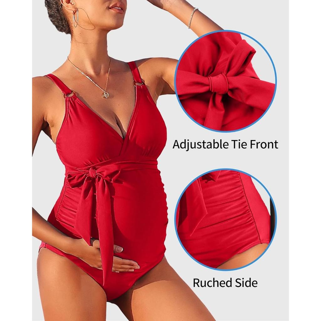 CHARMLEAKS Купальник для беременных Цельный купальный костюм с V-образным вырезом для беременных с завязками спереди и рюшами Купальники