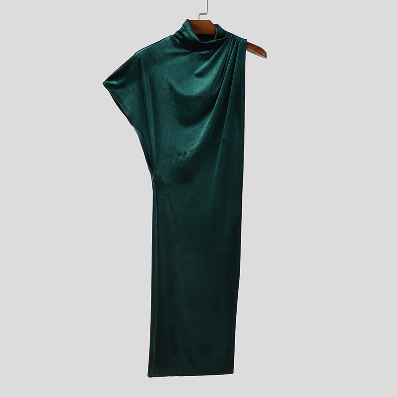 INCERUN Мужской водолазка на одно плечо с блестками, с высоким разрезом, повседневный длинный топ, футболка