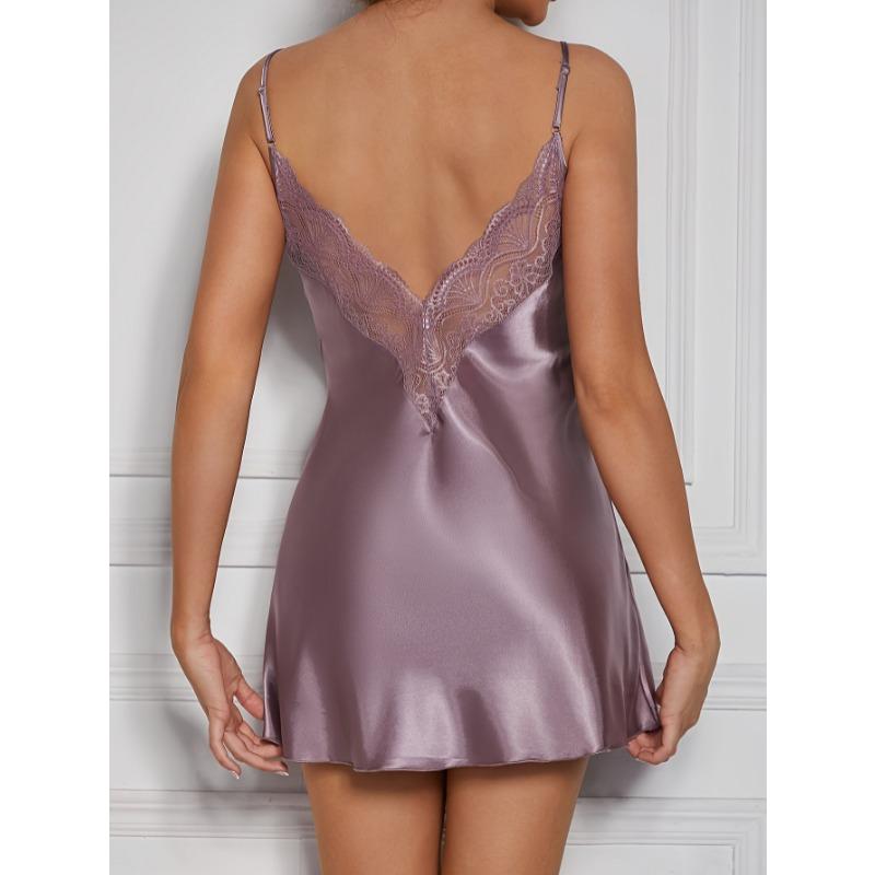 Модные Элегантные Женские Пижамы Бретельки Сексуальное Кружевное Сатиновое Платье Сексуальный V-образный Вырез Свободные Повседневные Простые Однотонные Ночные Сорочки А-силуэта Короткие Платья Одежда