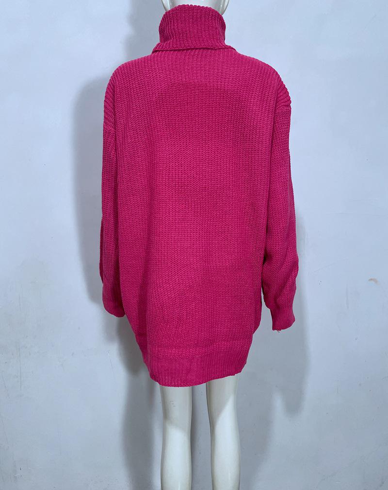 Women's Knitted Turn-Down Collar Sweater Dress - Loose Mid-Length Solid Color Pullover