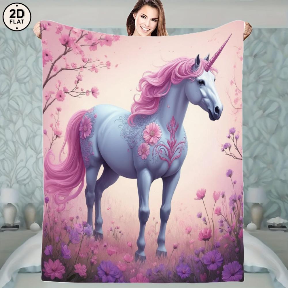 1pc Soft & Cozy Flannel Blanket - Dreamy Unicorn Floral Fantasy Design with Pink & Purple Flowers, Light Blue Unicorn & Pastel F