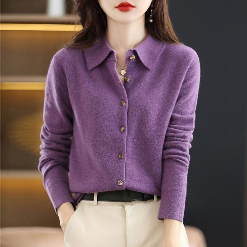 Sweater, Cardigan, Semi-wool Autumn-winter Women's New Loose Polo Top with Lapels, Knitted Cardigan