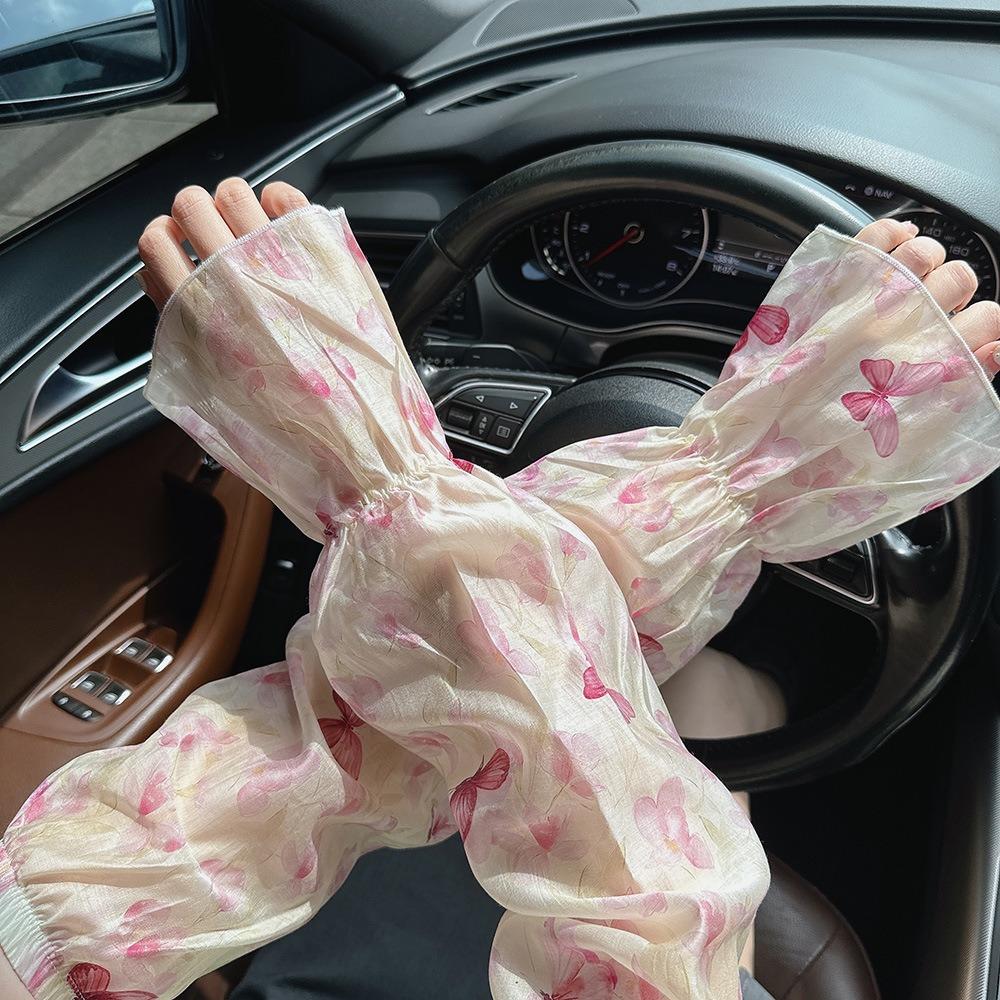 Elastic Chinese Style Sleeves Flower Cycling Gloves Thin Chiffon Sunscreen Arm Covers Summer
