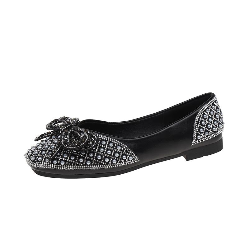 Модные женские туфли на плоской подошве, осенние, новые, квадратные, с неглубоким горлом, со стразами, с бабочкой, противоскользящие, износостойкие, с низким верхом