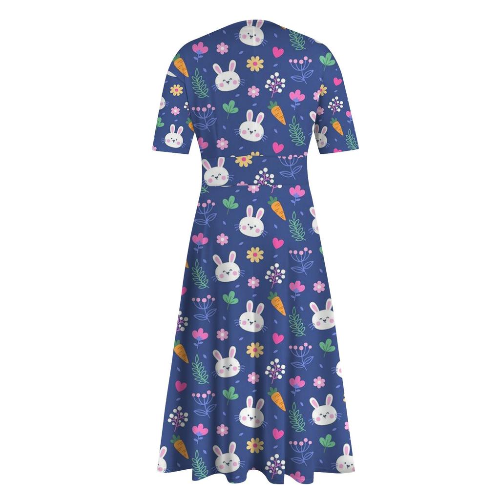 Ladies Casual Fashion Gradient Print V-Neck Short Sleeve Waist Long Swing Dress