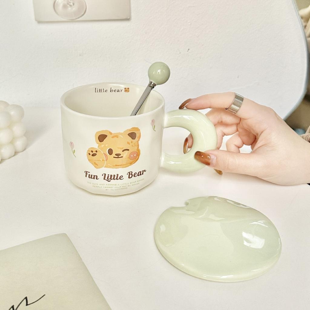 Cartoon Butter Bear Cup Couple Ceramic Cup Girls High Looking Mug with Lid Spoon Home Office Water Cup
