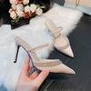 2025 Spring and Autumn New Pointed Rhinestone High Heel Fine Heel Champagne Word with Two Wearing Bag Head Half Drag Cool Slippers Women