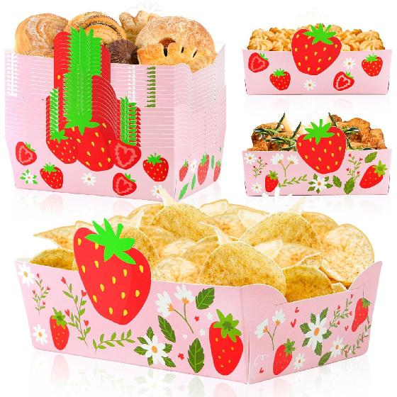 24Pcs Strawberry Paper Food Trays Cute Strawberry Snack Bowl Disposable Berry Dessert Boats for Strawberry Birthday Party Decoration Supplies