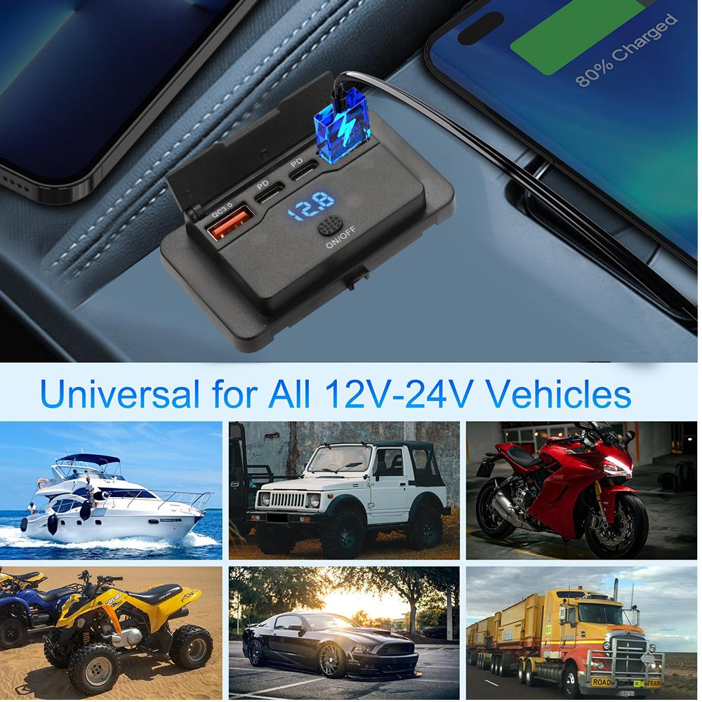 Автомобильное зарядное устройство с 4 портами Dual PD Dual QC 3.0 USB с переключателем, 96 Вт, разъем для быстрой зарядки, USB-питание для 12 В/24 В автомобиля, лодки, автобуса, автофургона, грузовика