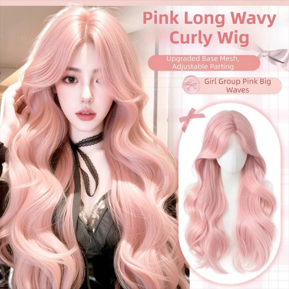 Fashionable Pink Synthetic Wigs Elegant Cosplay Lolita Wigs Long Wavy Curly Wig Role-playing