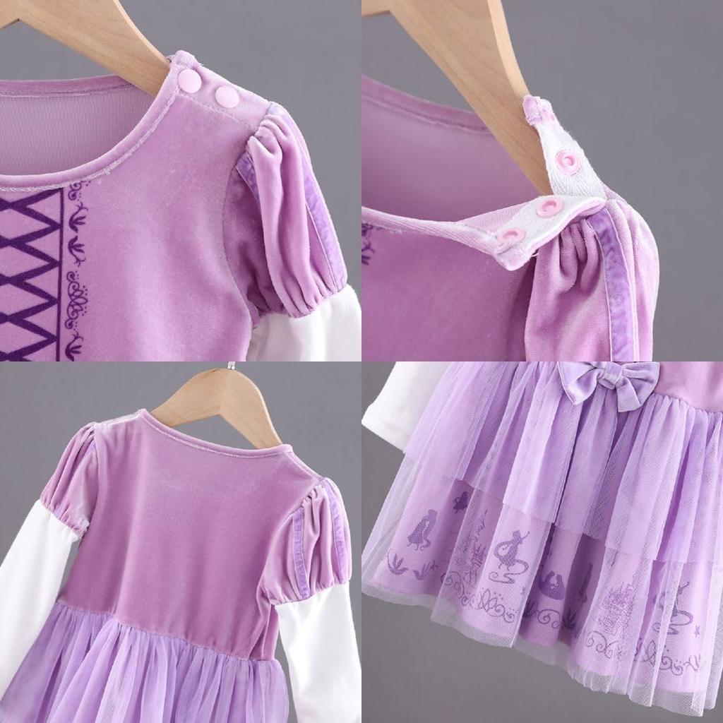 MANAMANA Платье принцессы с длинным рукавом, включает платье размера 110 см, детское платье, Рапунцель, повязку на голову, набор из 2 предметов, осень/зима