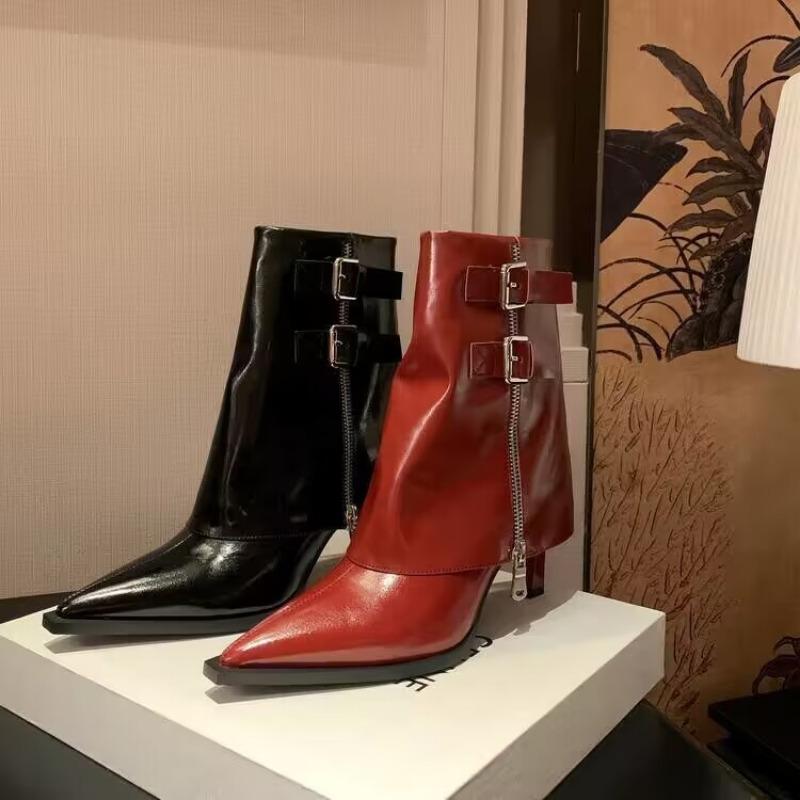 Красные короткие сапоги на высоком каблуке с острым носком для женщин 2024 года, новый модный дизайн, сапоги с рукавами-брюками, мягкая кожаная обувь для женщин