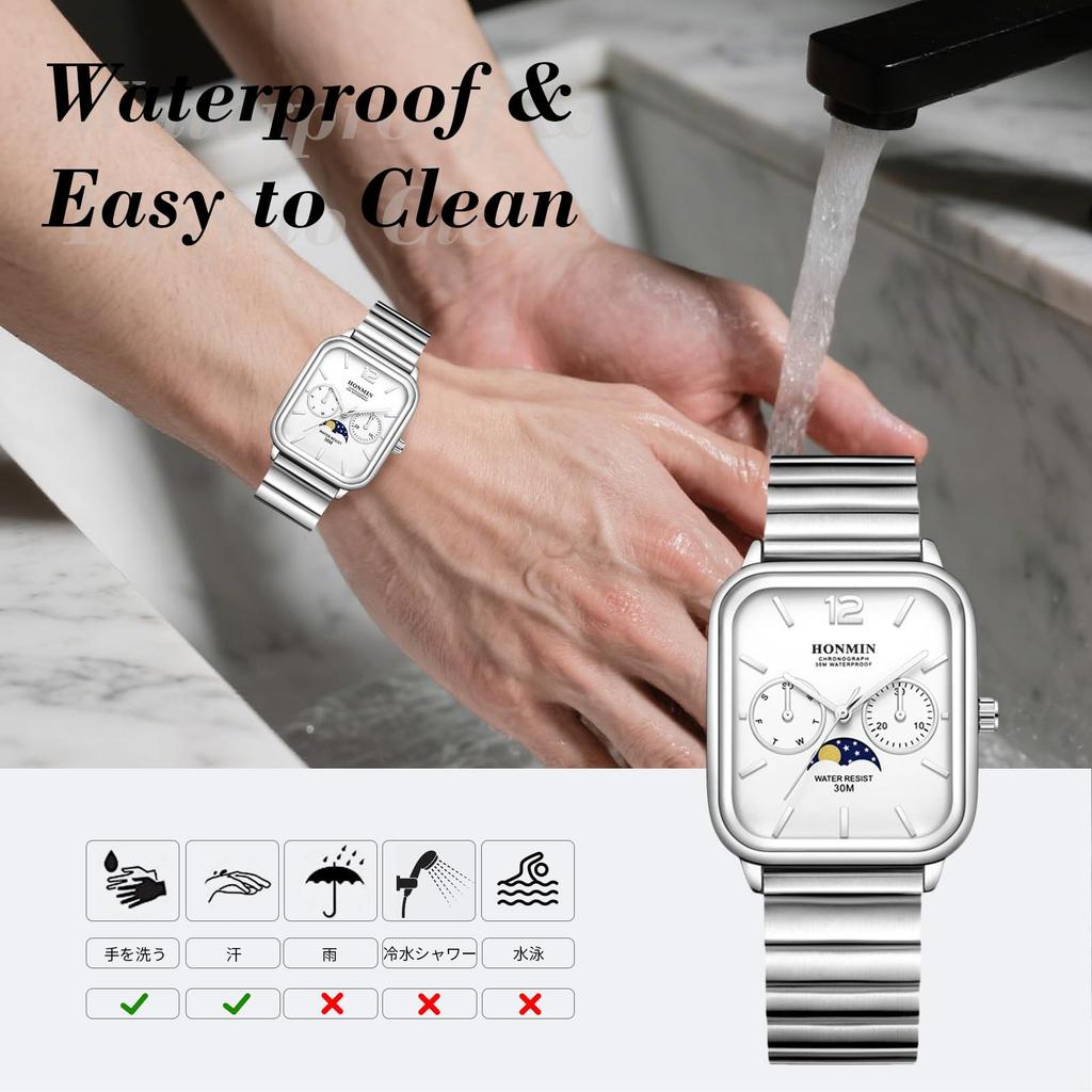 RORIOS Квадратные аналоговые часы с и Звездная дата и День недели Часы из нержавеющей стали Популярные для и Работа Белые Мужские Солнце, Луна, Дисплей, Дисплей,