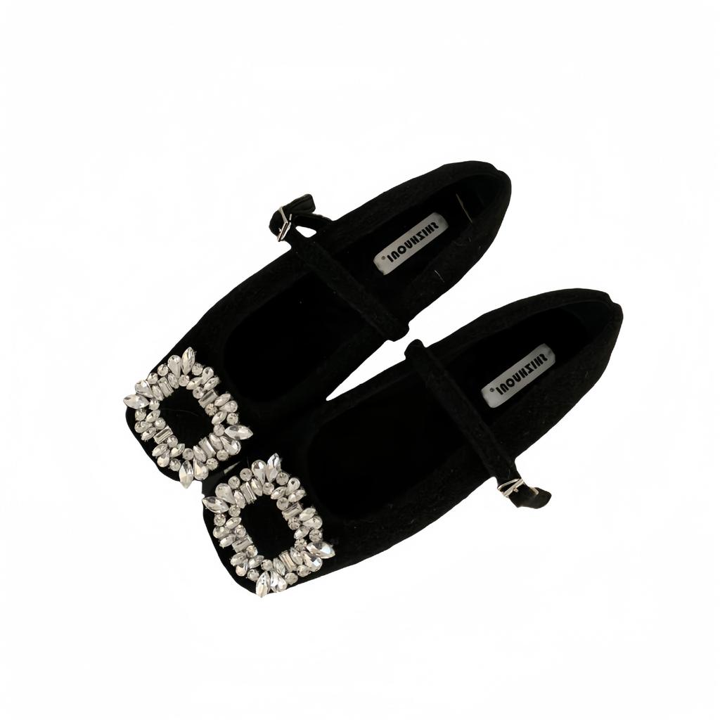 Korean Version of Square Head Woolen Rhinestone One-word Buckle Mary Jane Shoes Women's 2025 New Spring and Autumn Versatile Velvet Single Shoes