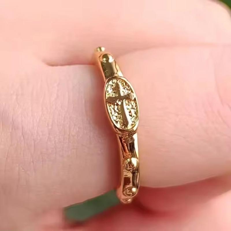Vintage Gold Color Rosary Beads Catholic Religious Wedding Band Ring Cross Rosary Praying Ring For Women Men