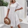 Fashion Solid Hollow Embroidered Lace White Dress Women Summer Short Sleeve Elegant Casual Dresses Women Vintage Round Neck A Line Loose Dress 24563