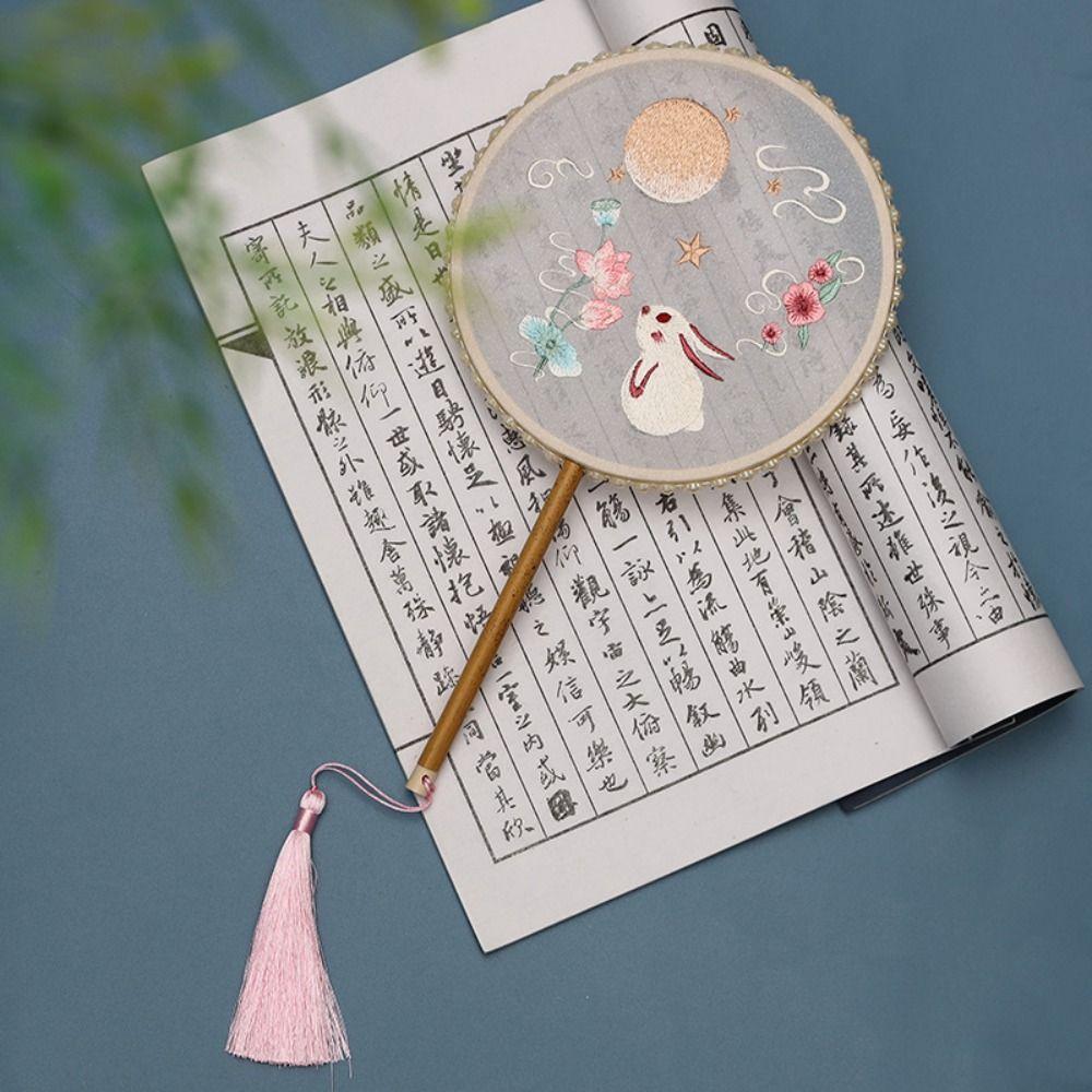 Классический круглый веер в китайском стиле, винтажный вышитый шелковый веер, двусторонний с кисточкой, ручной веер для женщин