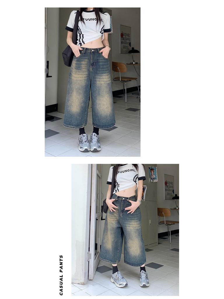 Retro Washed Distressed Wide Leg 7/8 Jeans - Unisex High Street Loose and Straight Mid-Length Shorts for Spring/Summer.