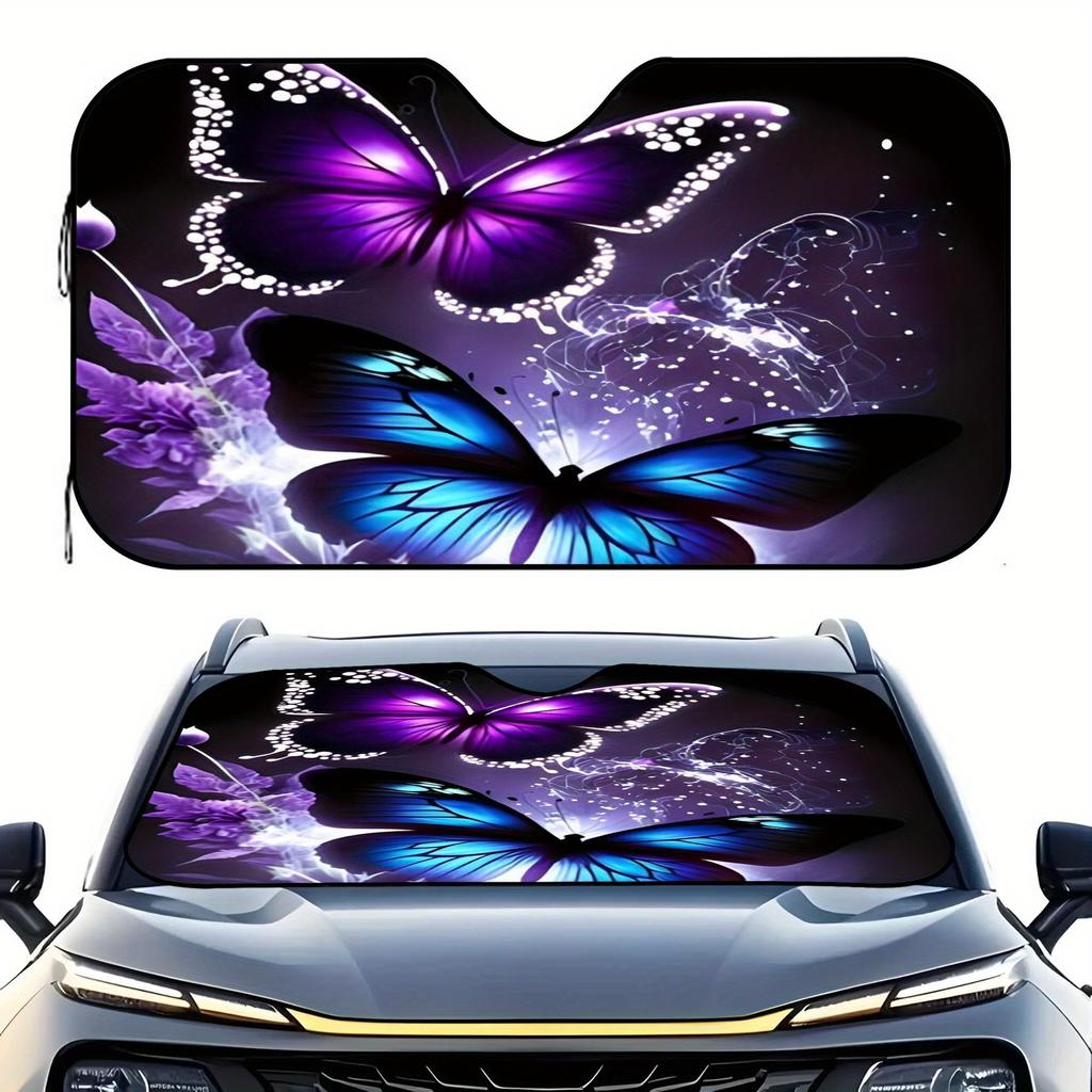 Car Sunshade Windshield Cover with Purple Blue Butterflies Design Heat-Insulating UV Protection Windshield Cover for Parking