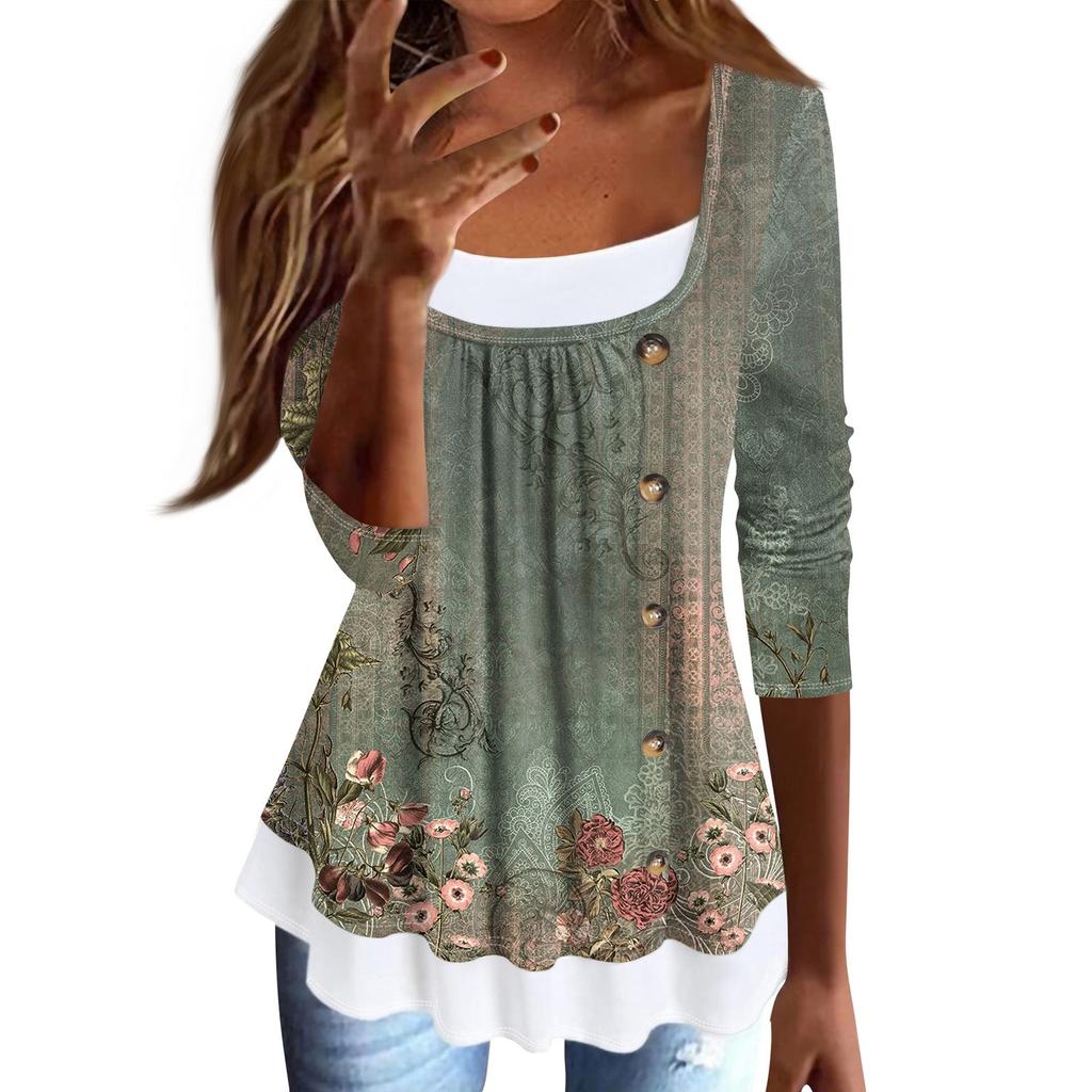 Women's T Shirt Tee Print 3/4 Sleeve Fake Two Pieces Daily Weekend Fashion Basic Regular Top