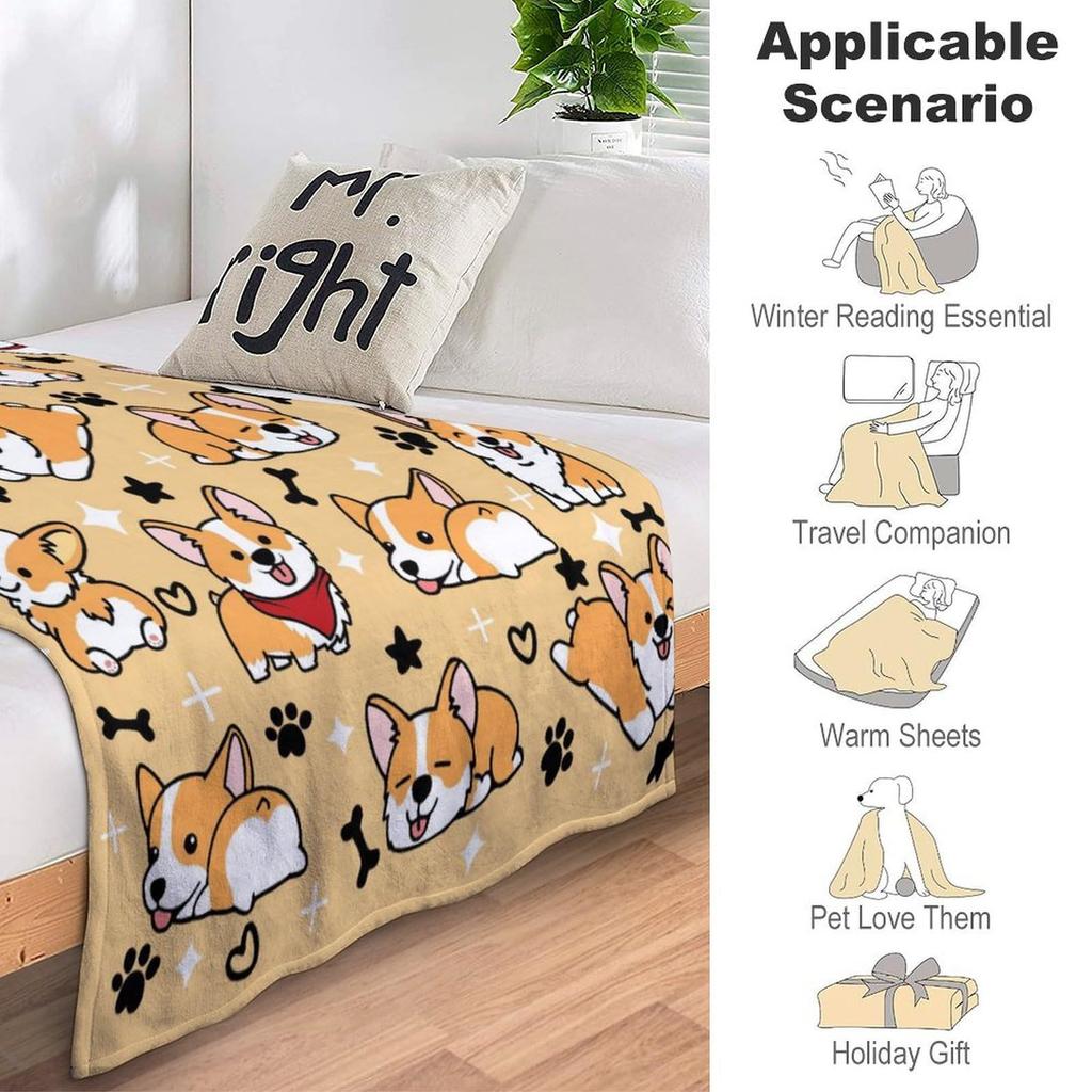 Cute Corgi Blanket Puppy Pattern Blanket Soft Flannel Blanket for Children Adult Gift Blanket