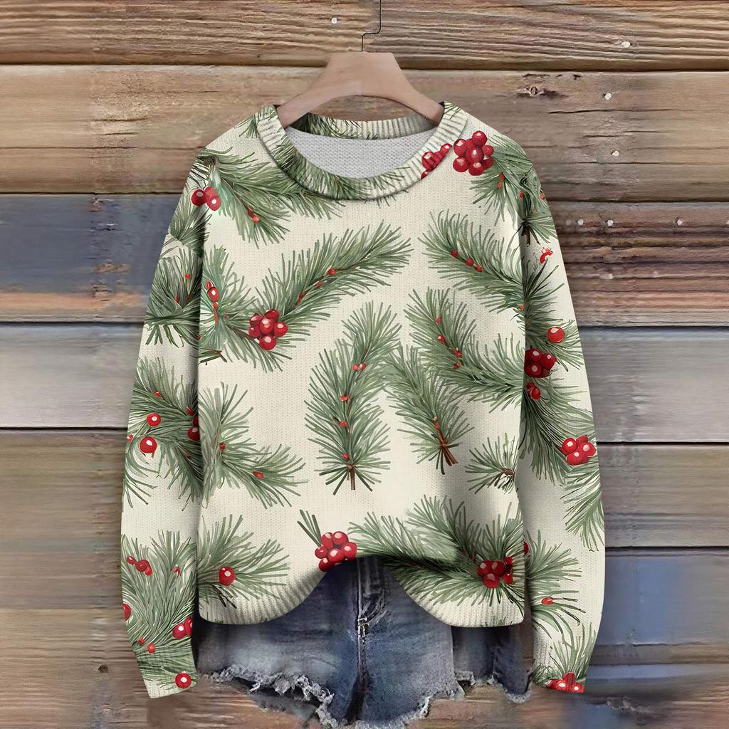 Long Sleeve Pullover Sweaters For Women O Neck Casual Cute Printing Knit Oversized Sweater