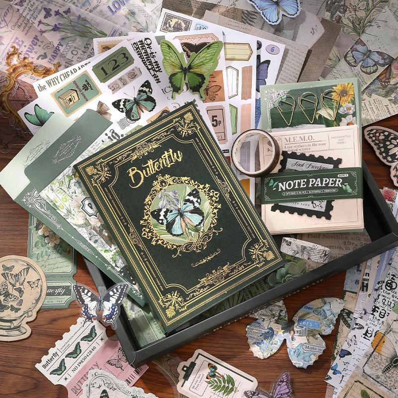 140 pcs Vintage Butterfly theme Gift set Collage stickers Scrapbooking Material handmade Diary Album Junk Journal Supplies