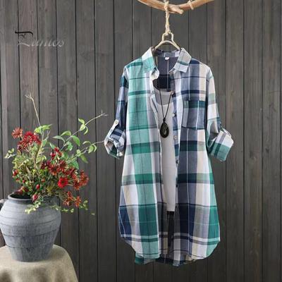 Женская рубашка с лацканами, длинным рукавом, цветной клетчатый принт, рубашка с карманом, свободный крой, однобортная рубашка средней длины