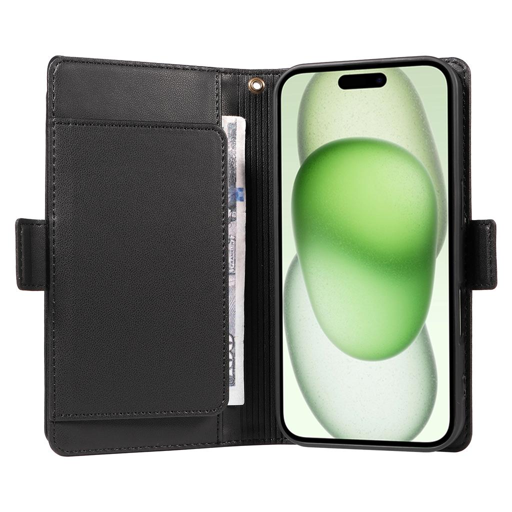 For iPhone 15 Case with Multi-Card Holder and Strap PU Leather Phone Cover Stand