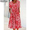 Женская мода лето весна цветочный узор принт с коротким рукавом и круглым вырезом со средней талией повседневные платья