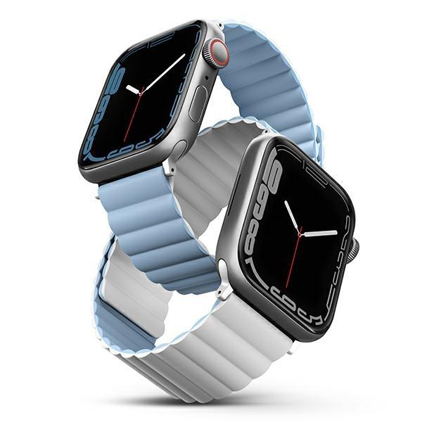 UNIQ pasek Revix Apple Watch Series1/2/3/4/5/6/7/8/9/SE/SE2/Ultra/Ultra 2 42/44/45/49mm. Reversible Magnetic biały-niebieski/white-blue