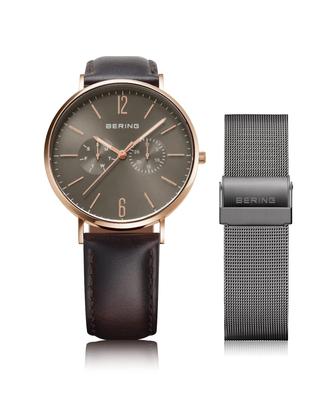 BERING Japan Limited, коричневая телячья кожа, серая нержавеющая сталь с 2 сетчатыми ремешками, сапфировое стекло, оригинальные импортные изменения, 3 года гарантии