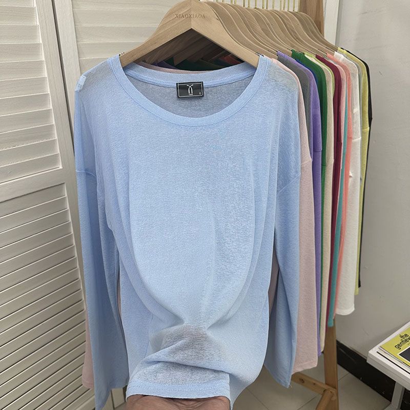 Женская однотонная футболка с длинными рукавами, летняя микропрозрачная футболка с круглым вырезом, корейская минималистская женская одежда