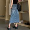 Elegant Woman Irregular Women Summer High Waist Design Split Raw Edge A-line Package Hip Vintage Versatile Comfortable Fashion Denim Bustier Skirt