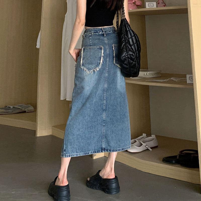 Elegant Woman Irregular Women Summer High Waist Design Split Raw Edge A-line Package Hip Vintage Versatile Comfortable Fashion Denim Bustier Skirt