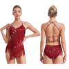 Womens Rhinestone Leotard Halter Neck Sleeveless Tassels Decorated Backless Latin Dance Costume